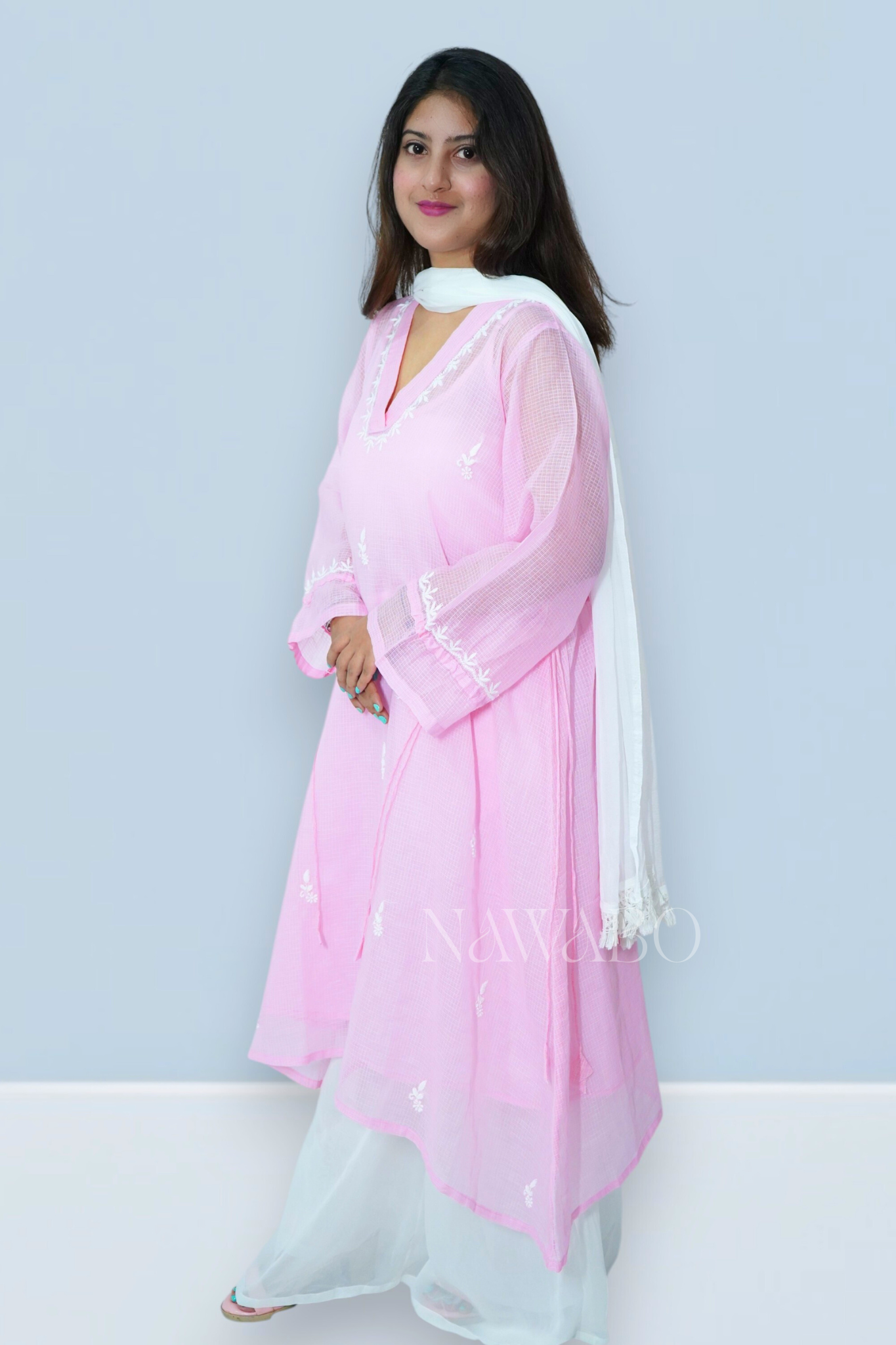 Chikankari Rosé Cloud Long Kurta Dress with Slip
