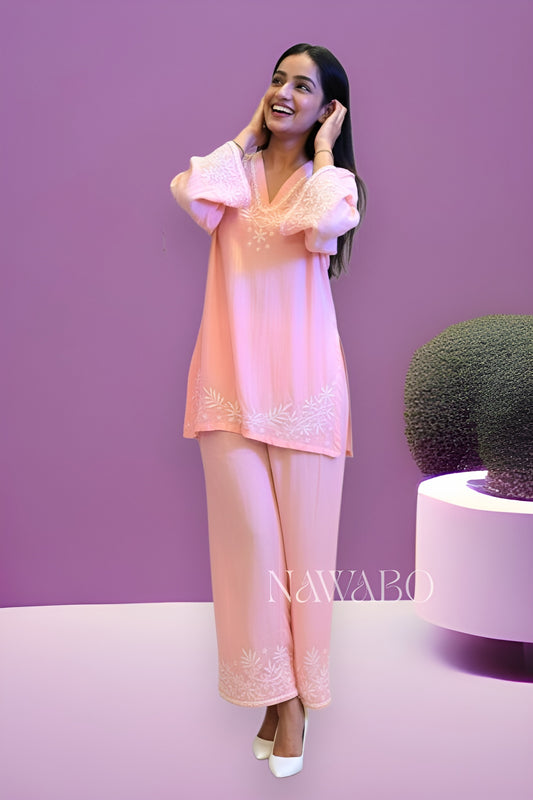 Chikankari Co-ord Set Peach Fuzz