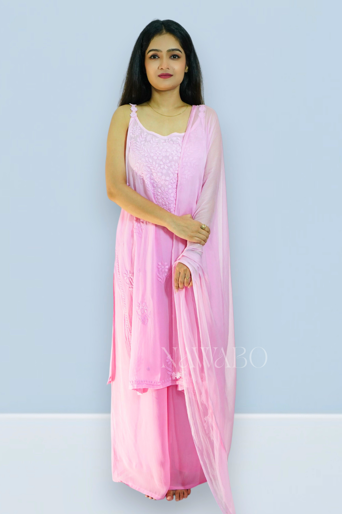 Chikankari Pink Ombre Strap Kurta Set with Dupatta