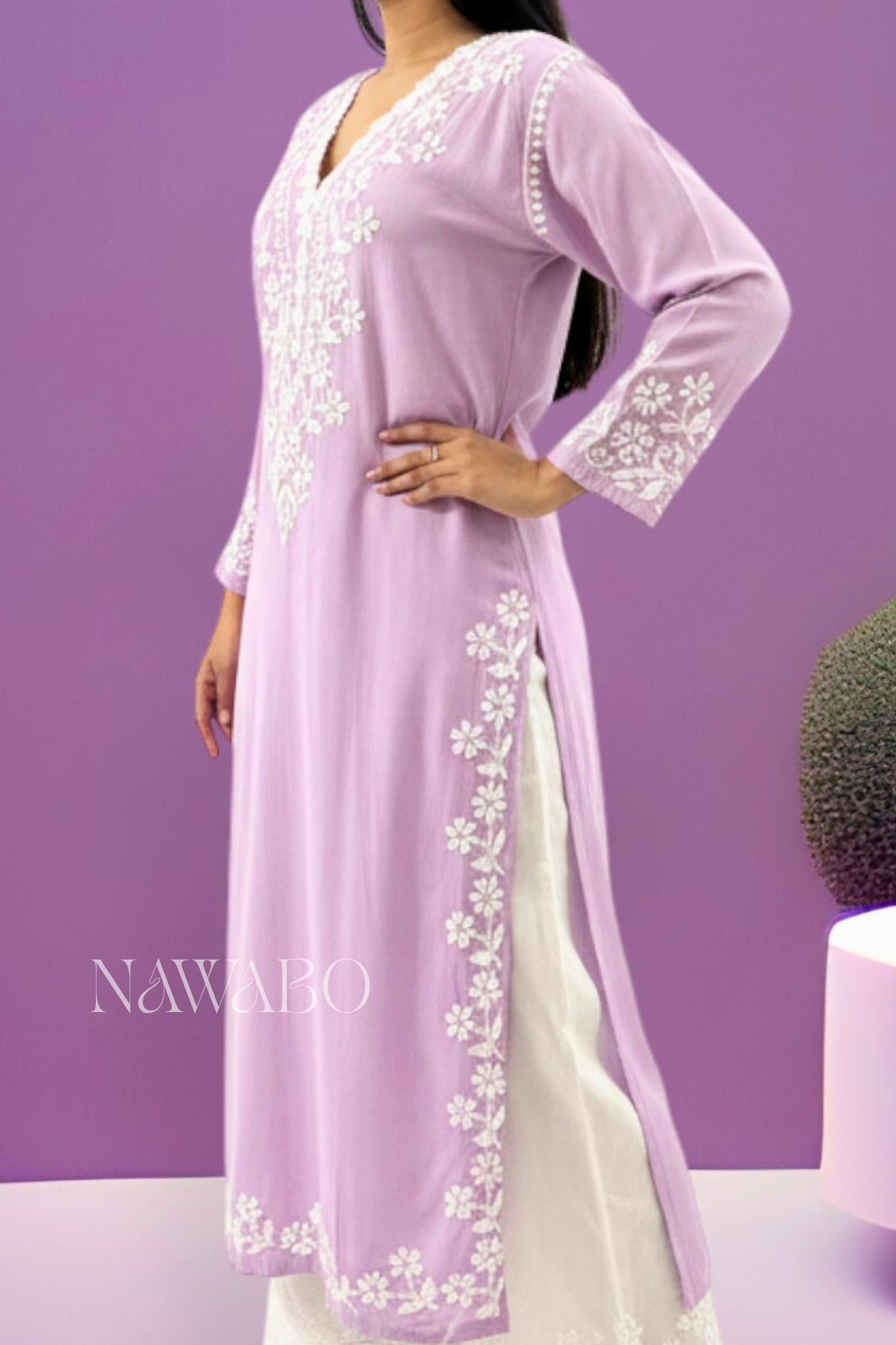 Chikankari Mouve Lace Long Kurta