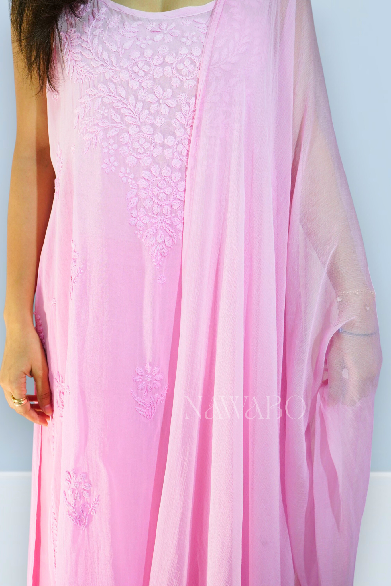 Chikankari Pink Ombre Strap Kurta Set with Dupatta