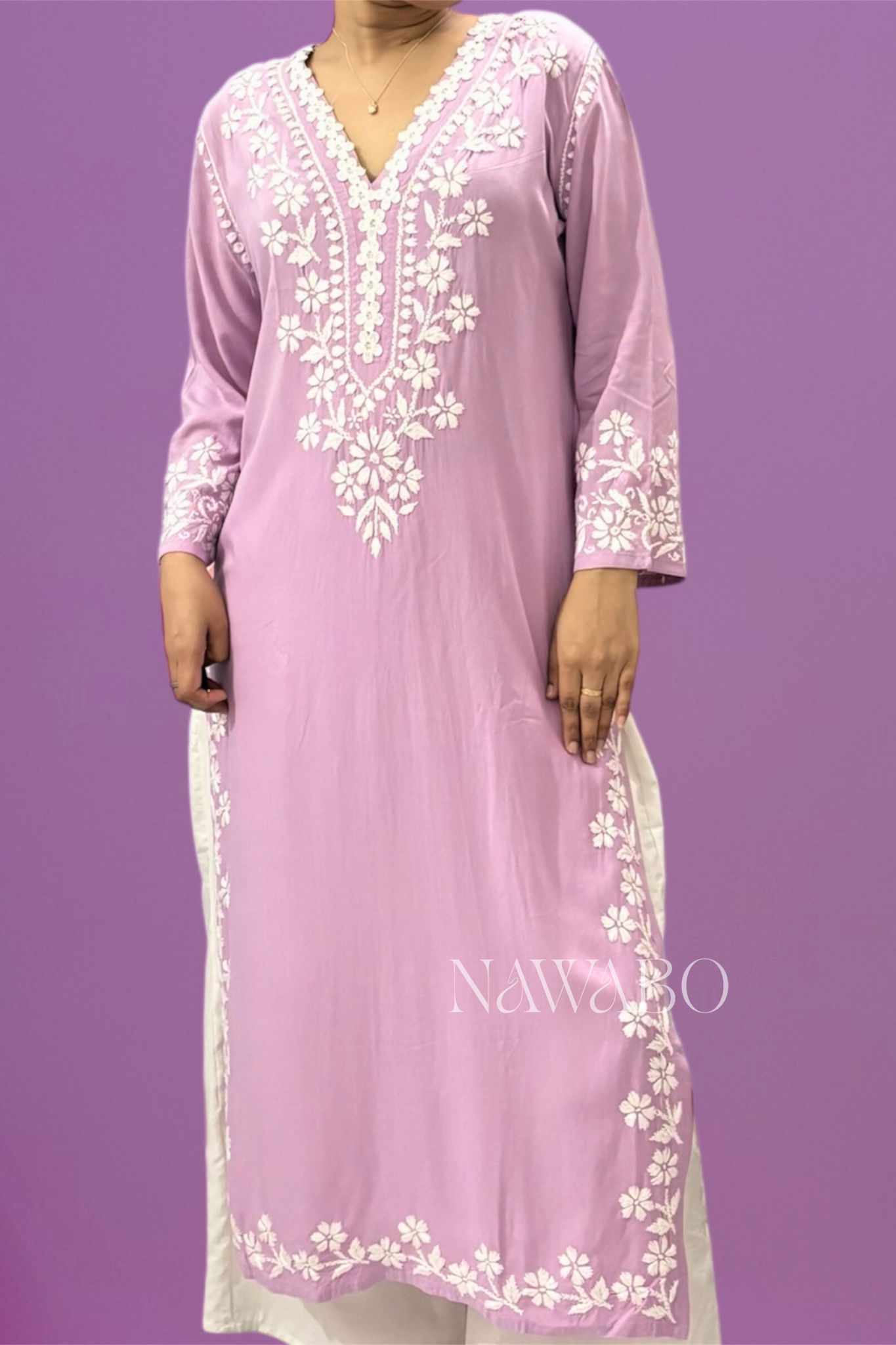 Chikankari Mouve Lace Long Kurta