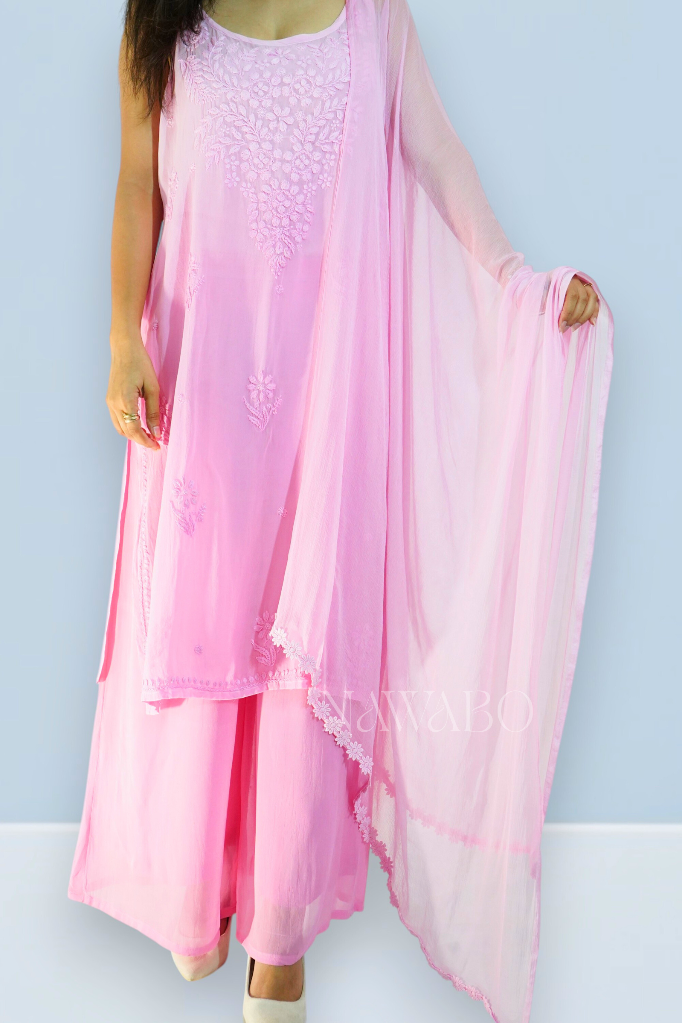 Chikankari Pink Ombre Strap Kurta Set with Dupatta
