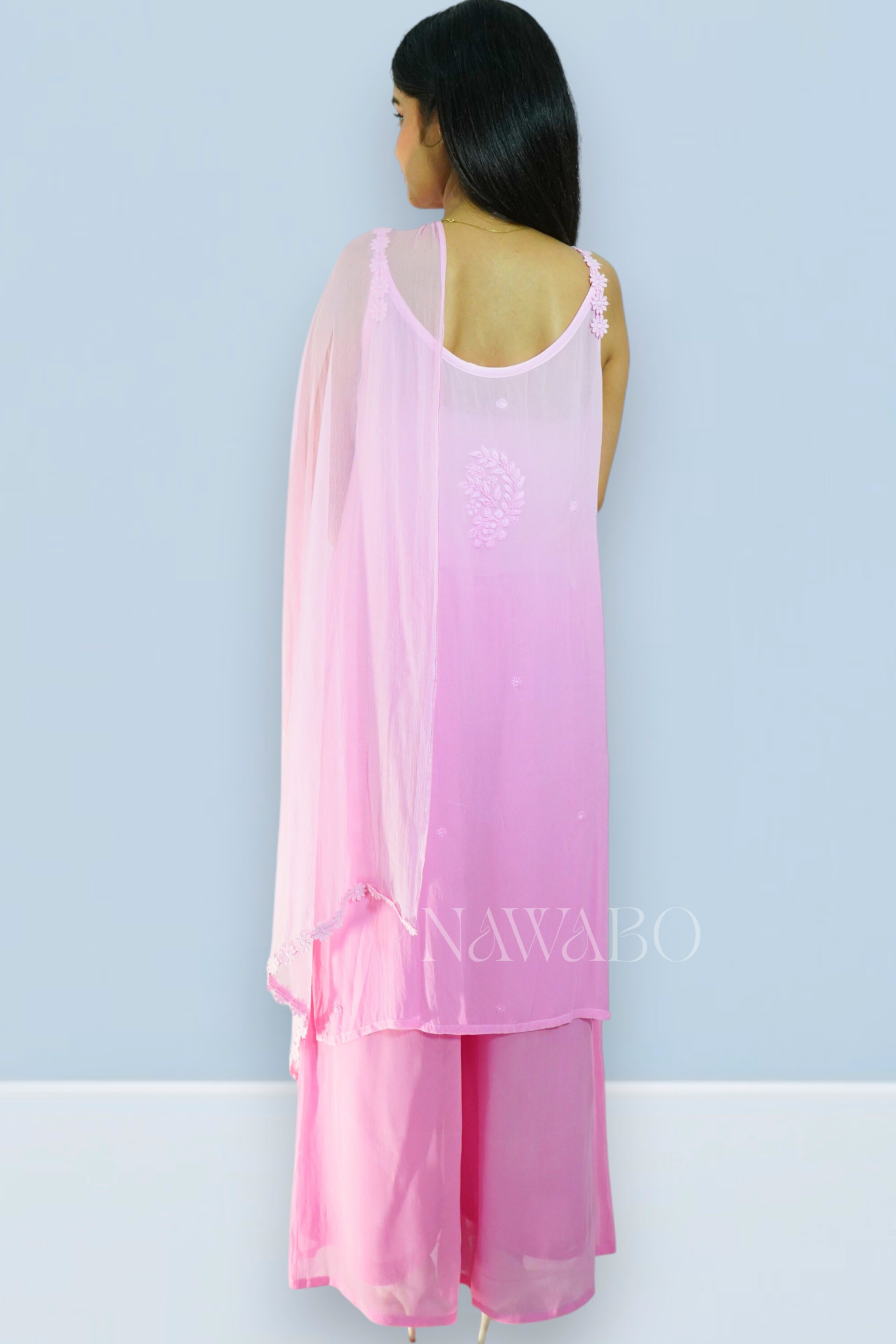 Chikankari Pink Ombre Strap Kurta Set with Dupatta