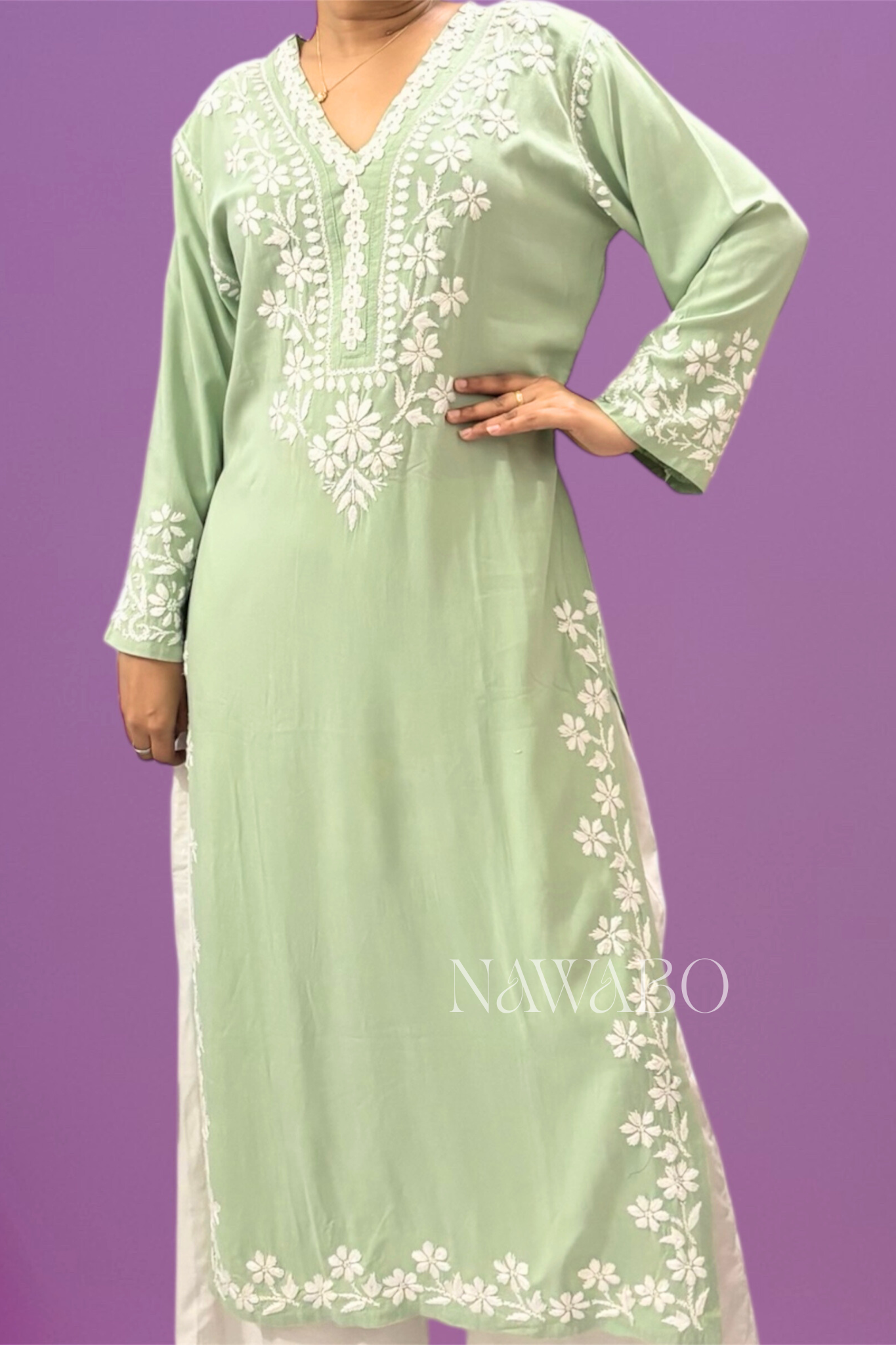 Chikankari Pista Green Lace Long Kurta