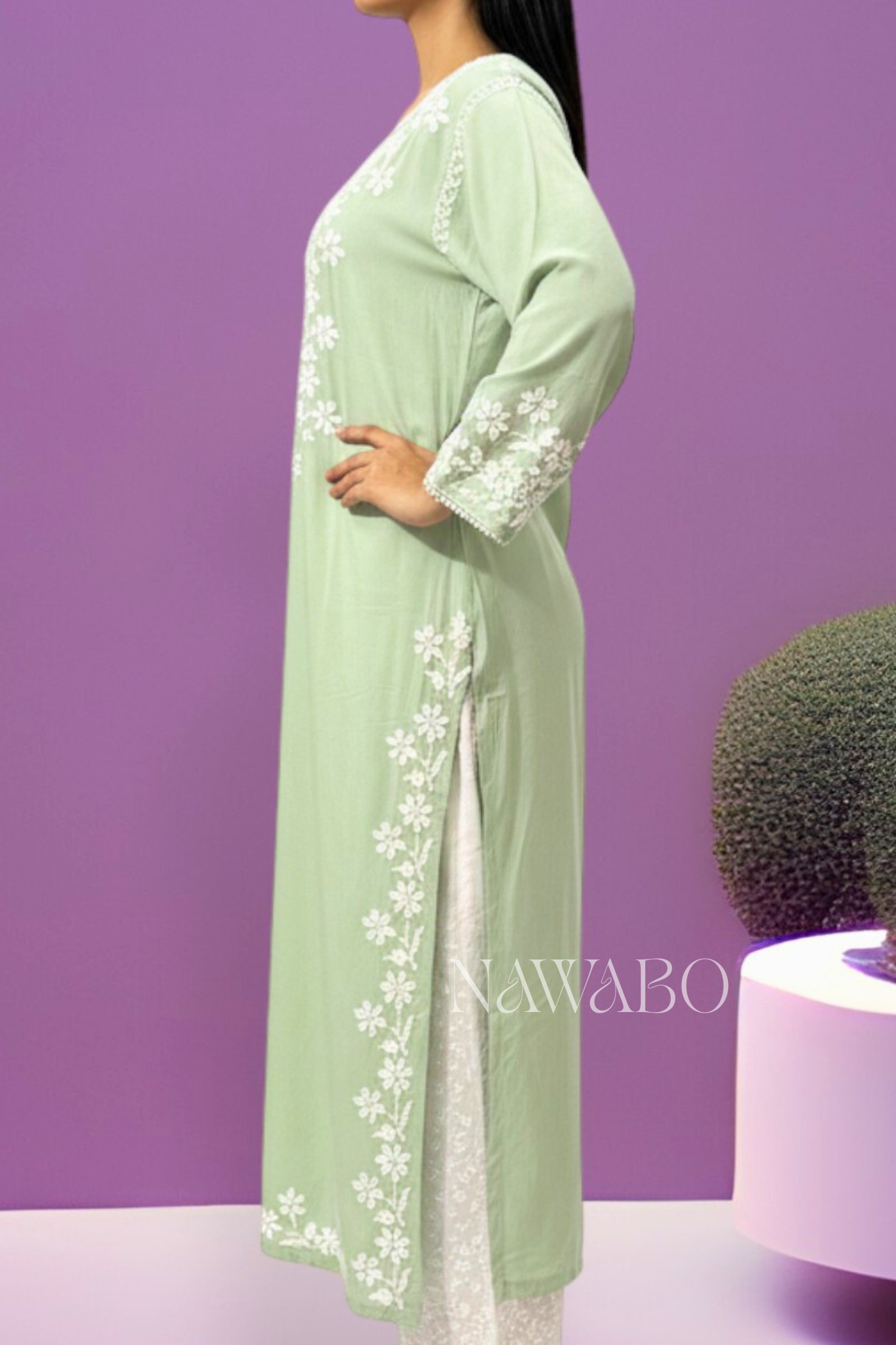 Chikankari Pista Green Lace Long Kurta