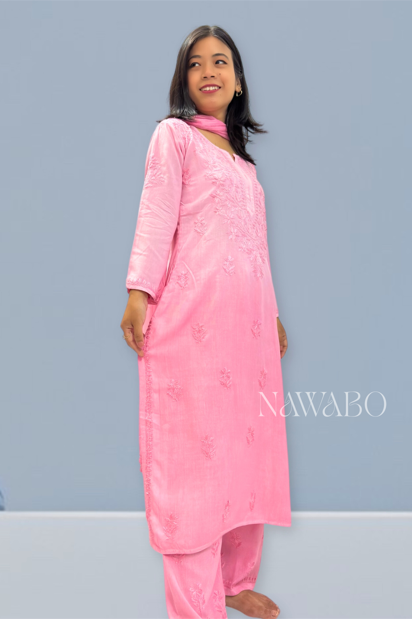 Chikankari Shaded Rose Kurta Set with Dupatta