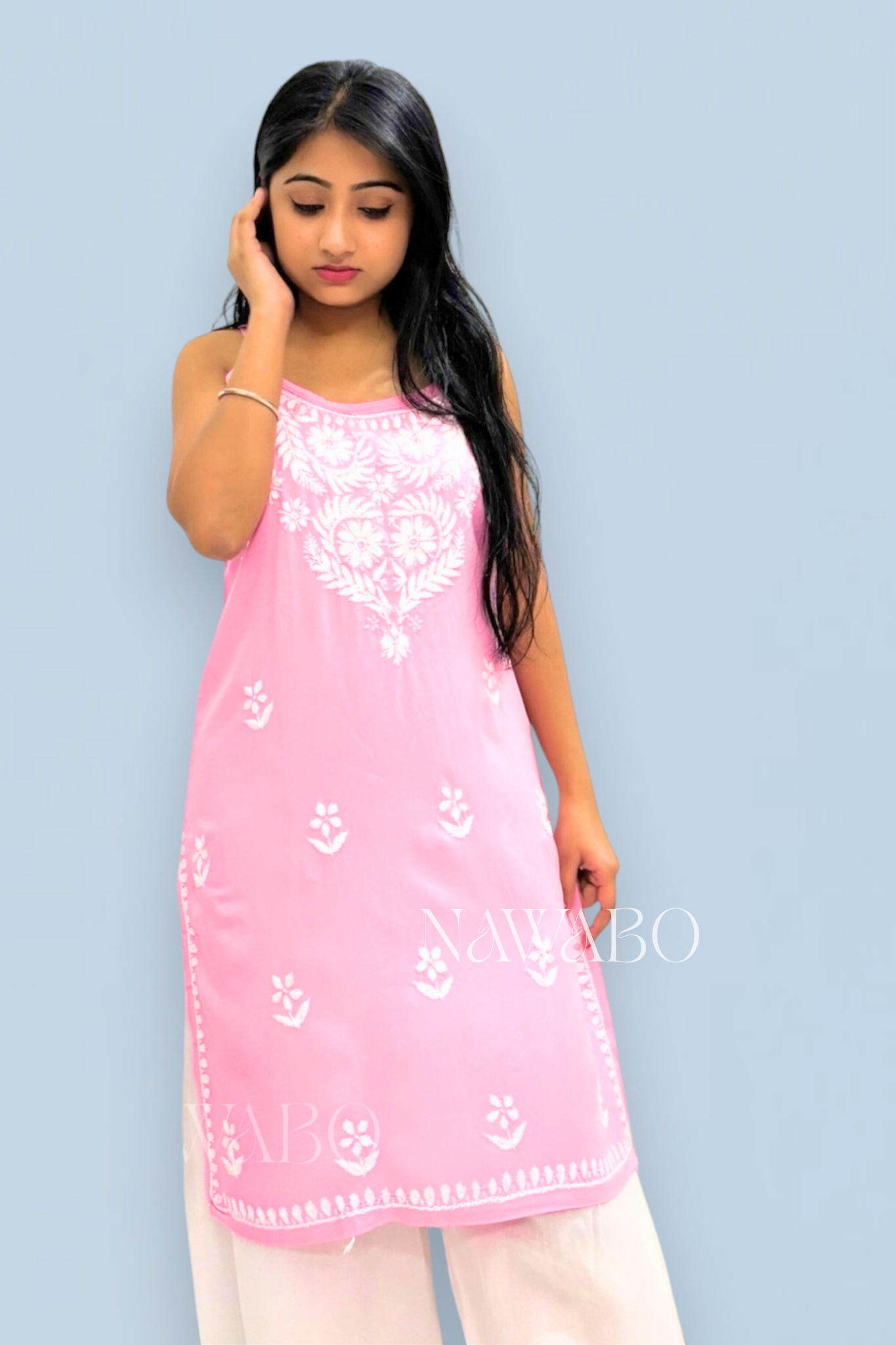 Chikankari Strappy Short Kurta Pink