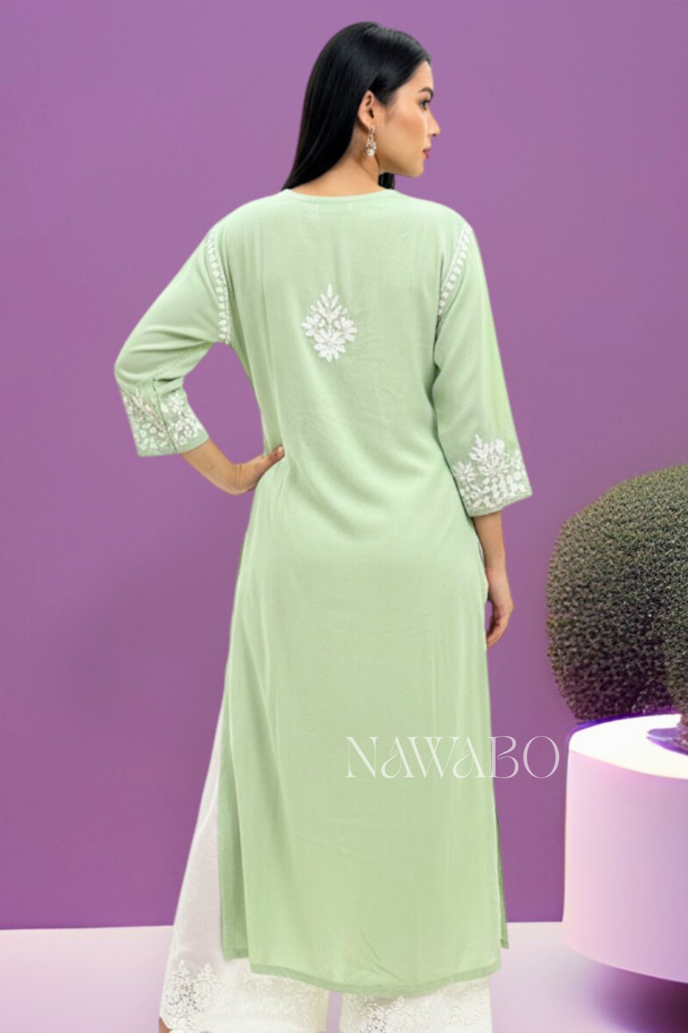 Chikankari Pista Green Lace Long Kurta