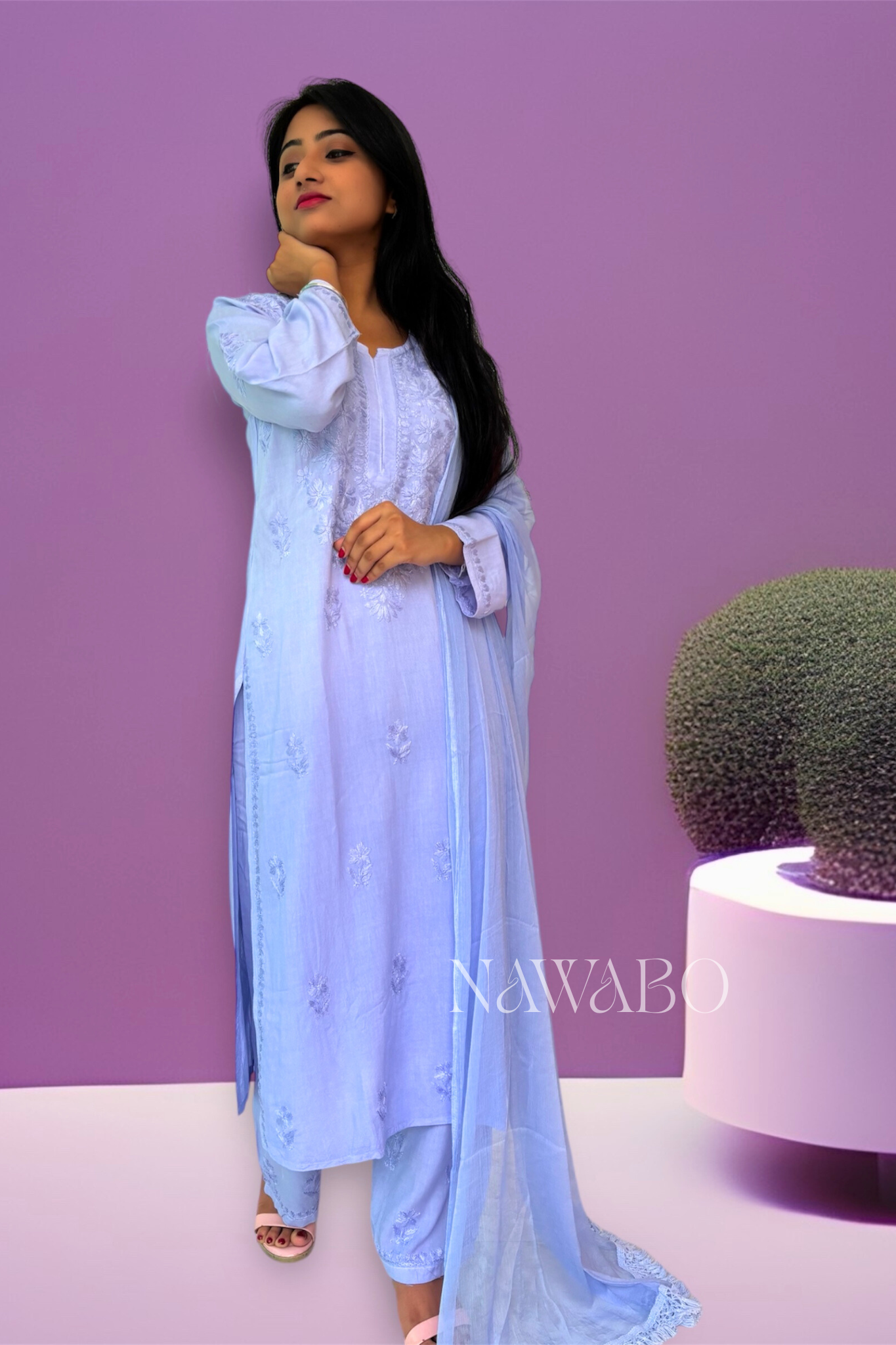 Chikankari Shaded Blue Kurta Set with Dupatta
