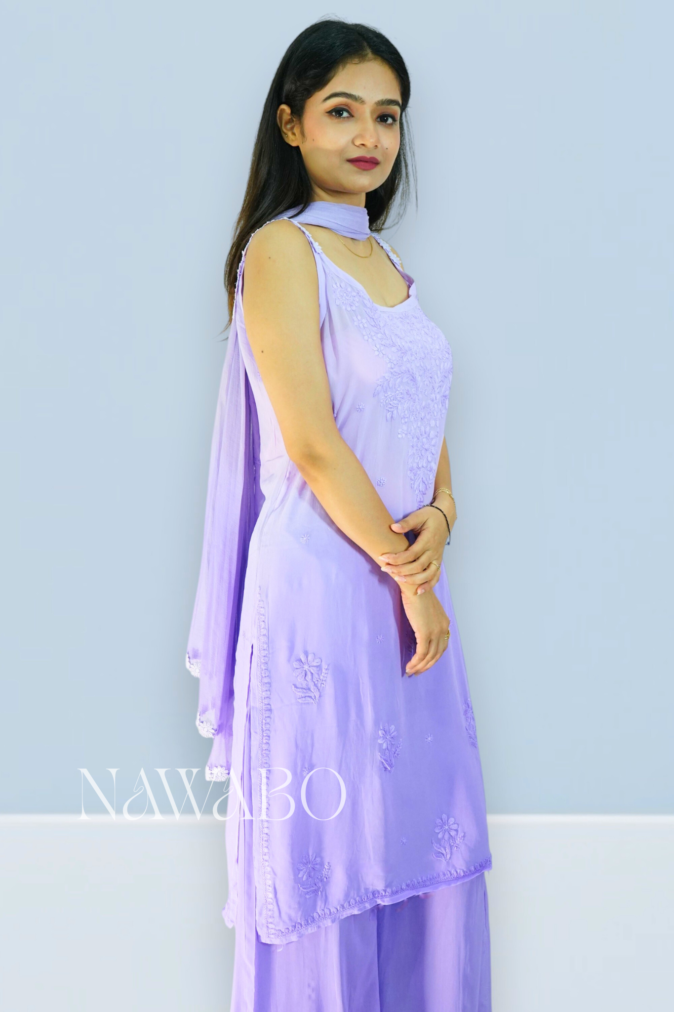Chikankari Mouve Ombre Strappy Kurta Set with Dupatta