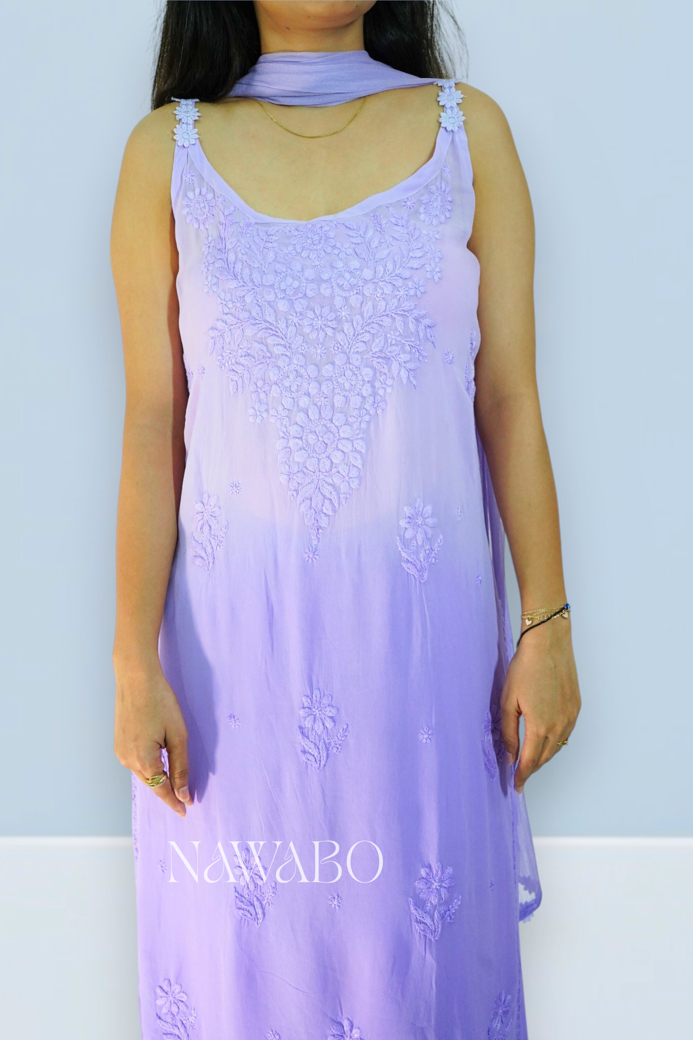 Chikankari Mouve Ombre Strappy Kurta Set with Dupatta