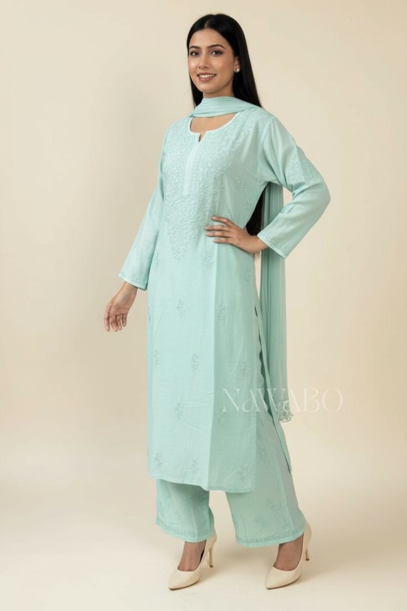 Chikankari Celestial Mint Shaded Kurta Set with Dupatta