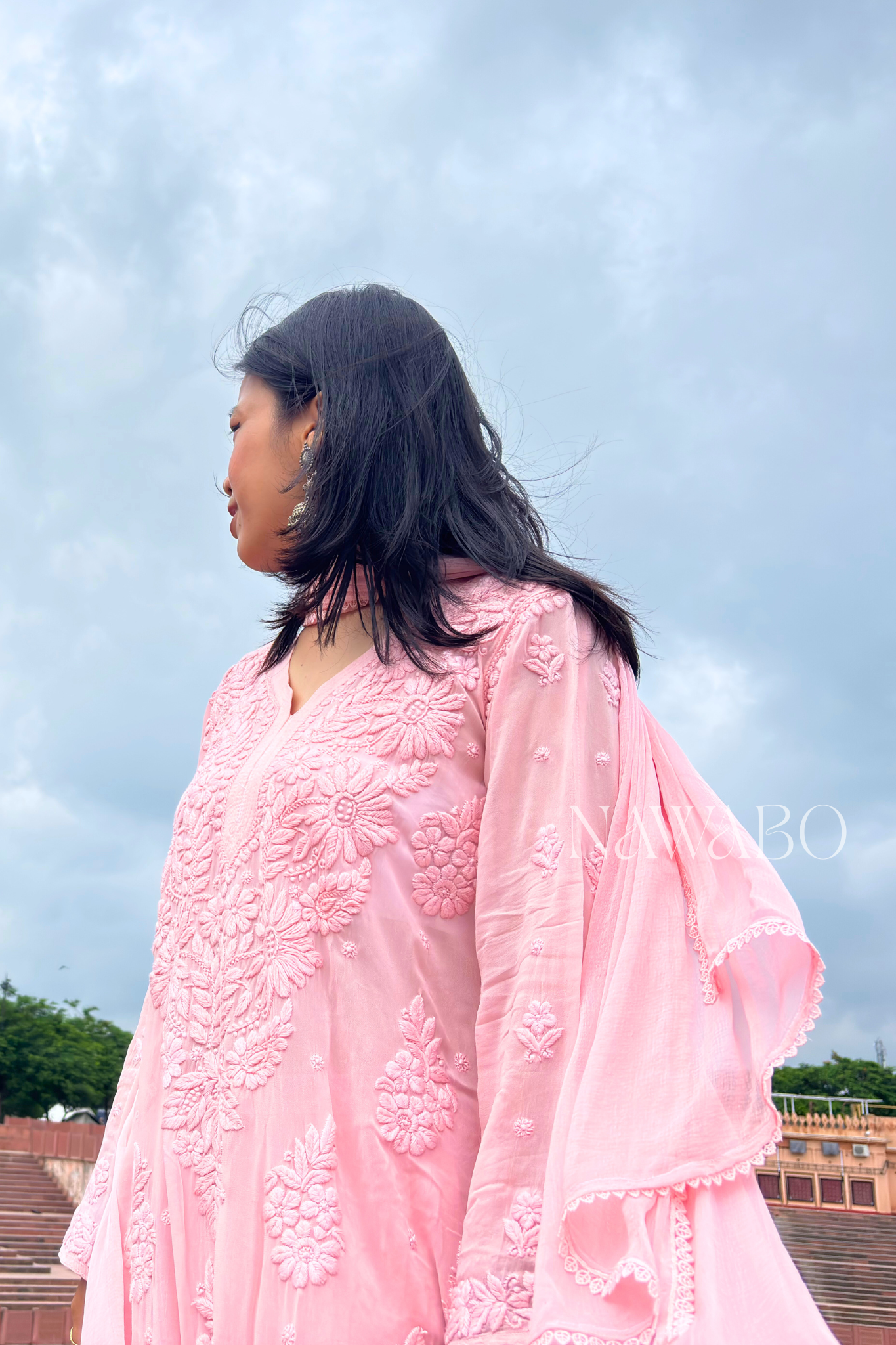 Chikankari Peach Ombre Kurta Set with Dupatta