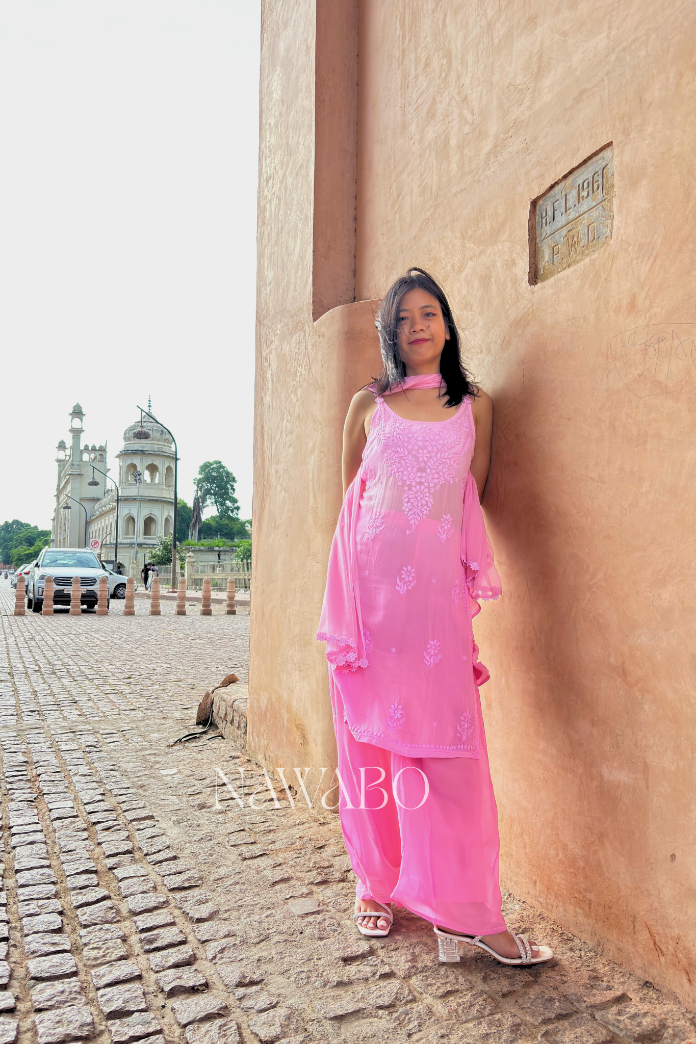 Chikankari Pink Ombre Strap Kurta Set with Dupatta