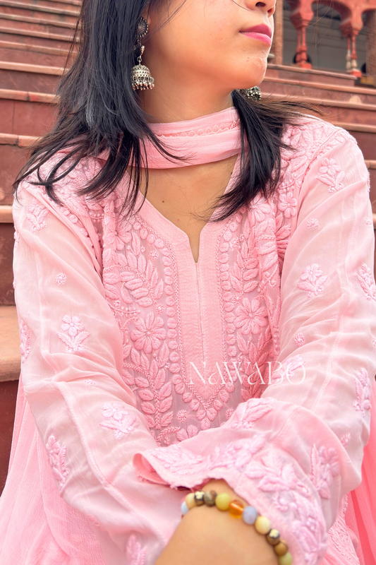 Chikankari Peach Ombre Kurta Set with Dupatta
