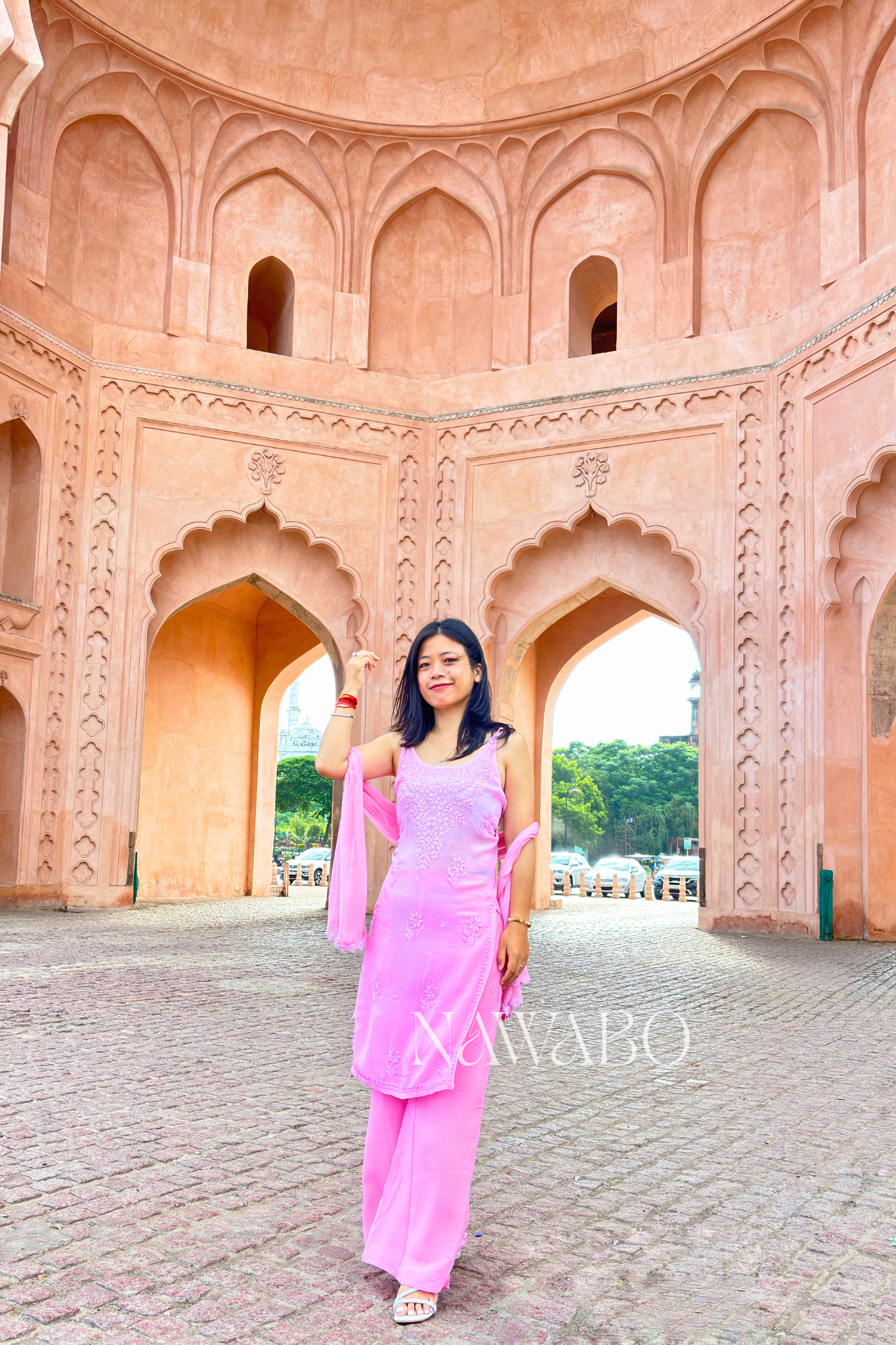 Chikankari Pink Ombre Strap Kurta Set with Dupatta