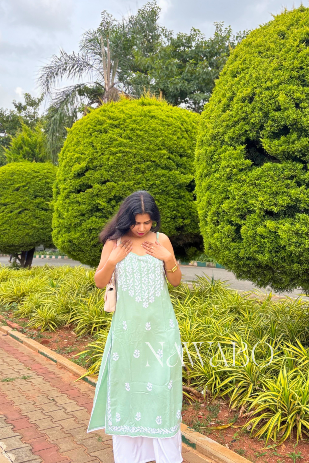 Chikankari Strappy Long Kurta Pista Green