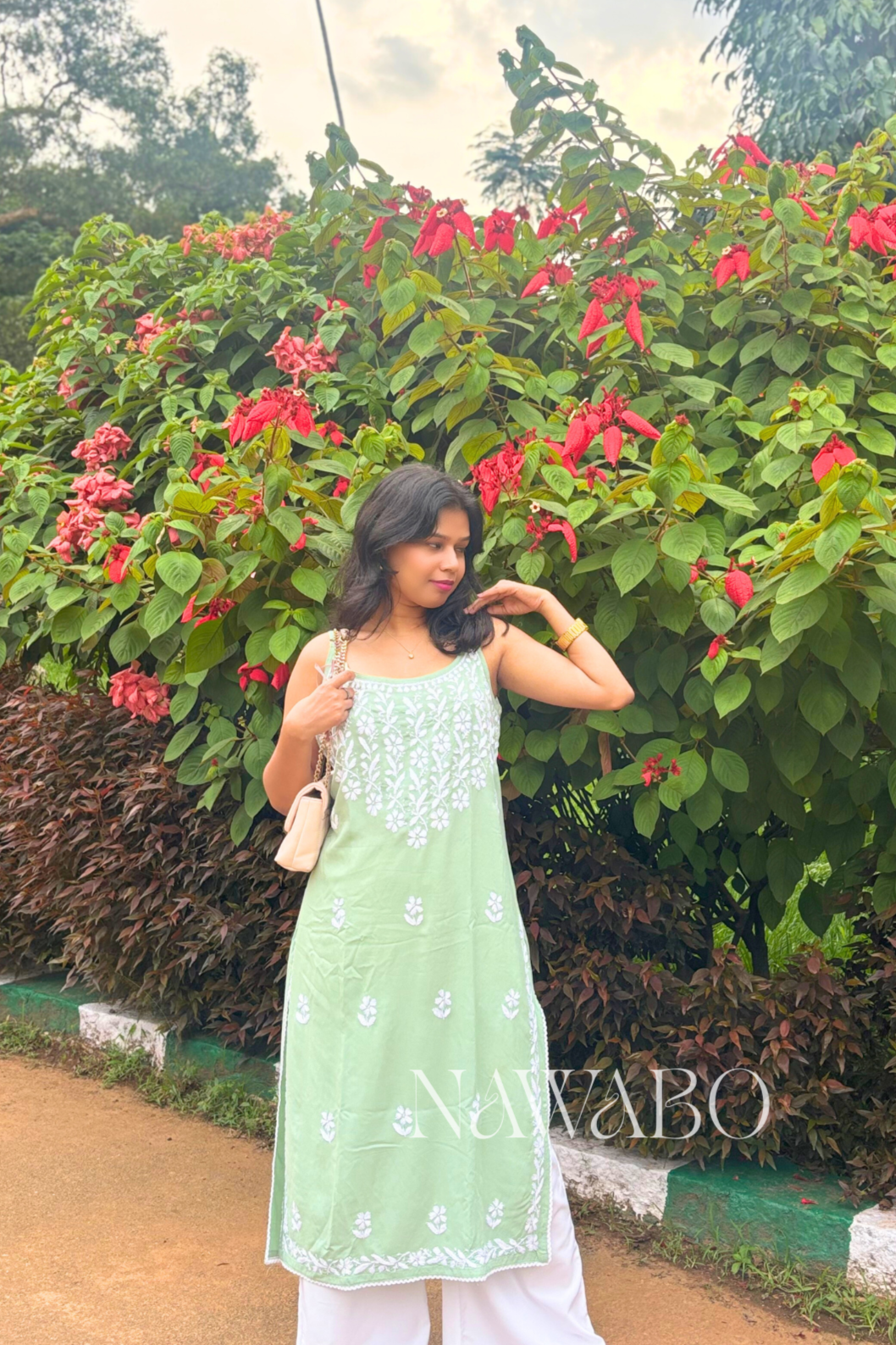 Chikankari Strappy Long Kurta Pista Green