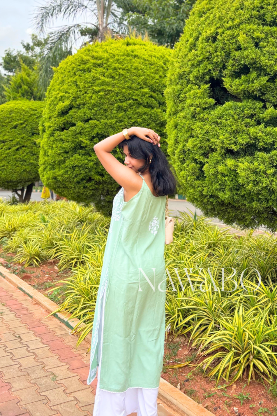 Chikankari Strappy Long Kurta Pista Green
