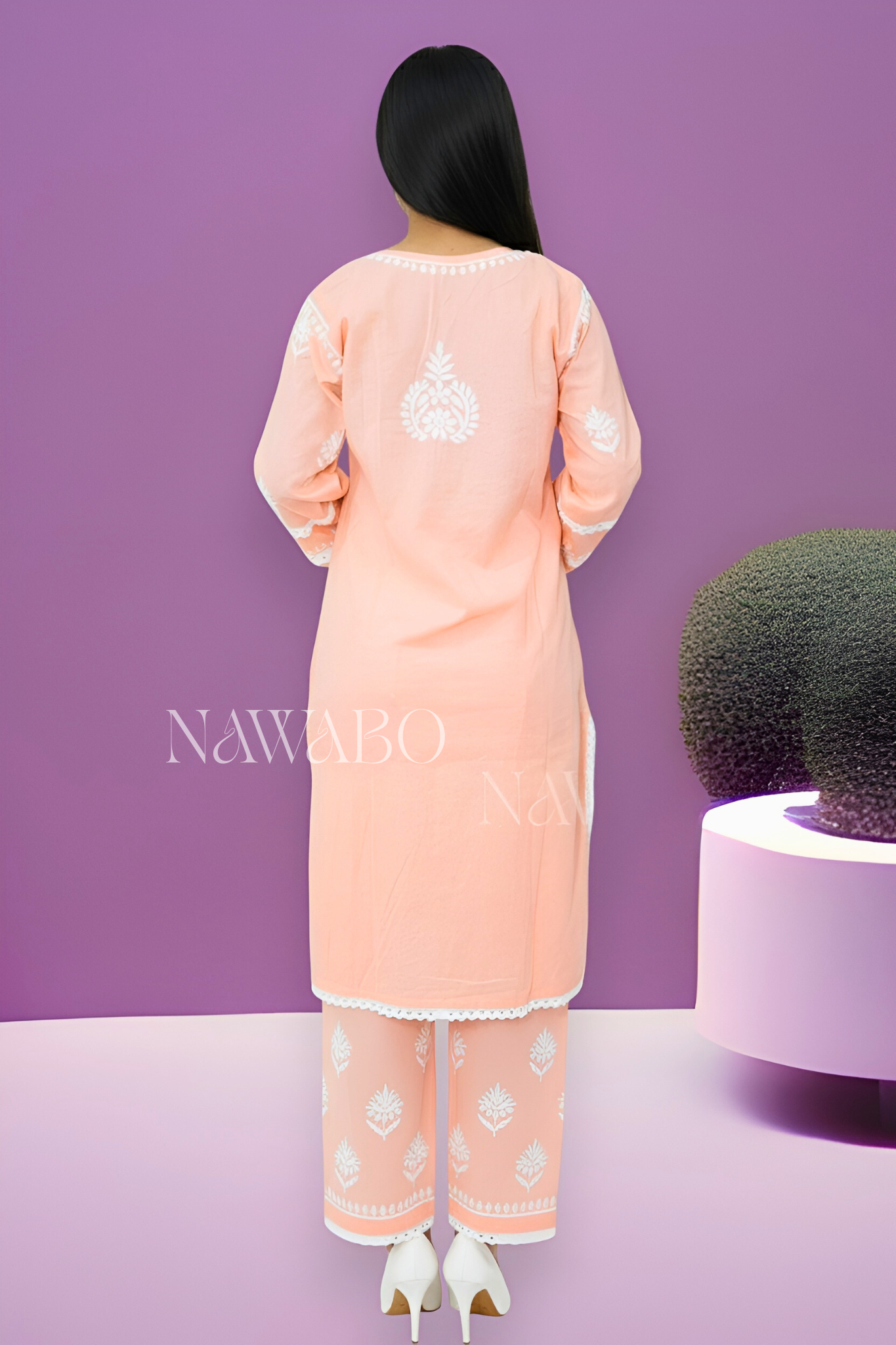 Chikankari Peach Kurta Set Cotton