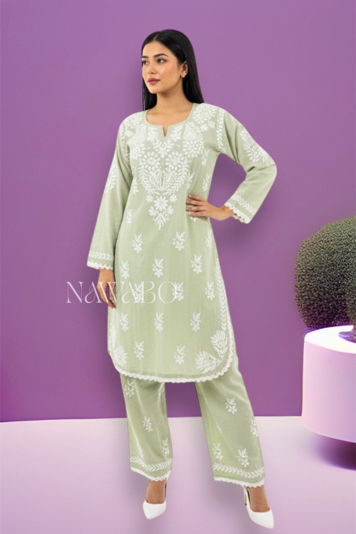 Chikankari dusty green kurta set cotton