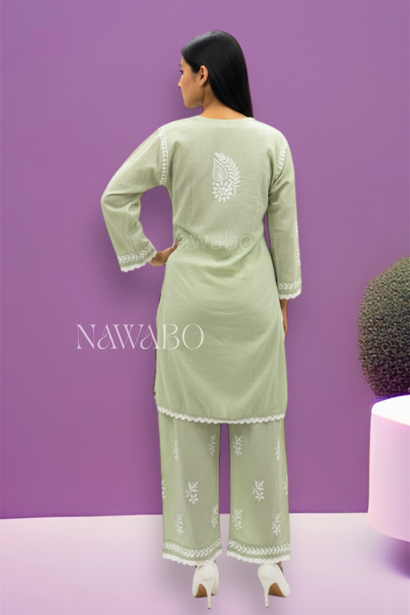 Chikankari dusty green kurta set cotton