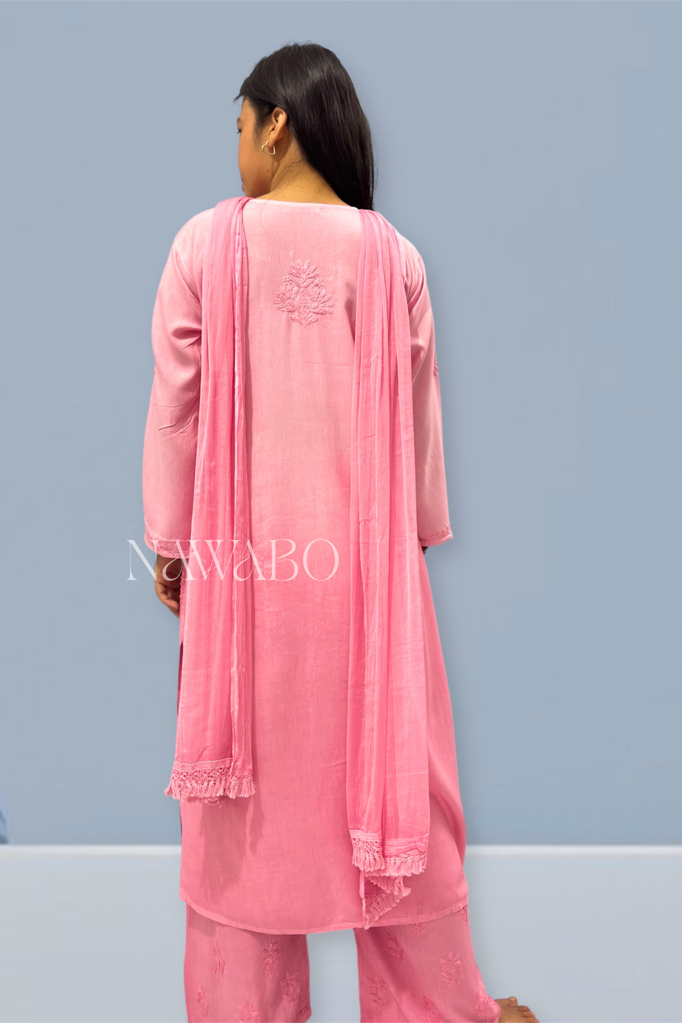 Chikankari Shaded Rose Kurta Set with Dupatta