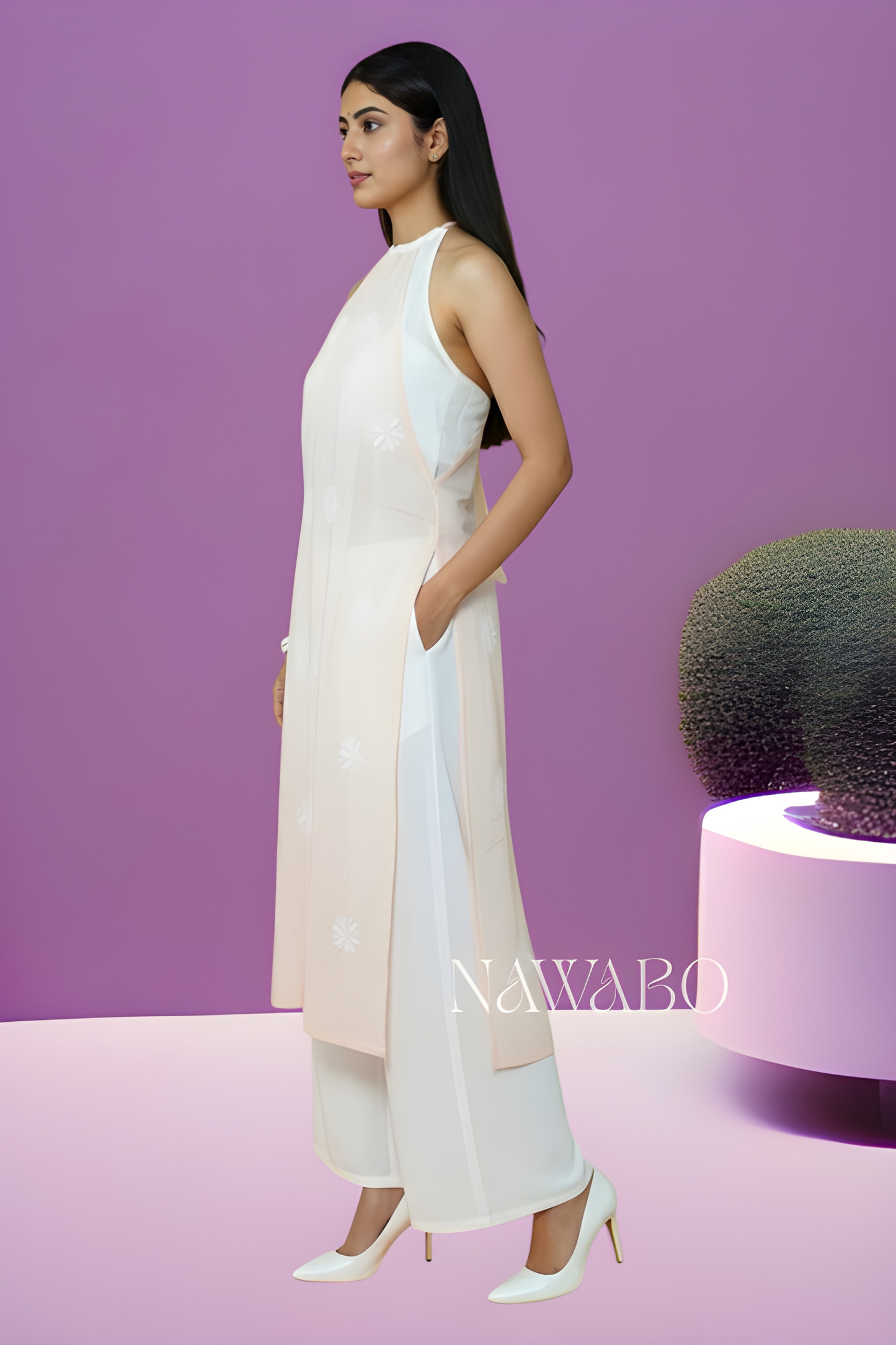 Chikankari Peach Halter Neck kurta with Back Dori