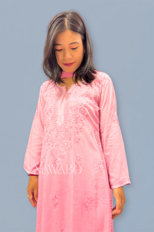Chikankari Shaded Rose Kurta Set with Dupatta