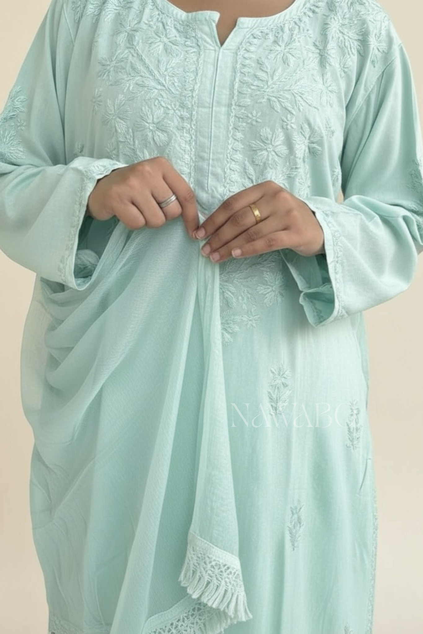 Chikankari Celestial Mint Shaded Kurta Set with Dupatta