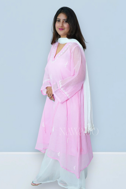 Chikankari Rosé Cloud Long Kurta Dress with Slip