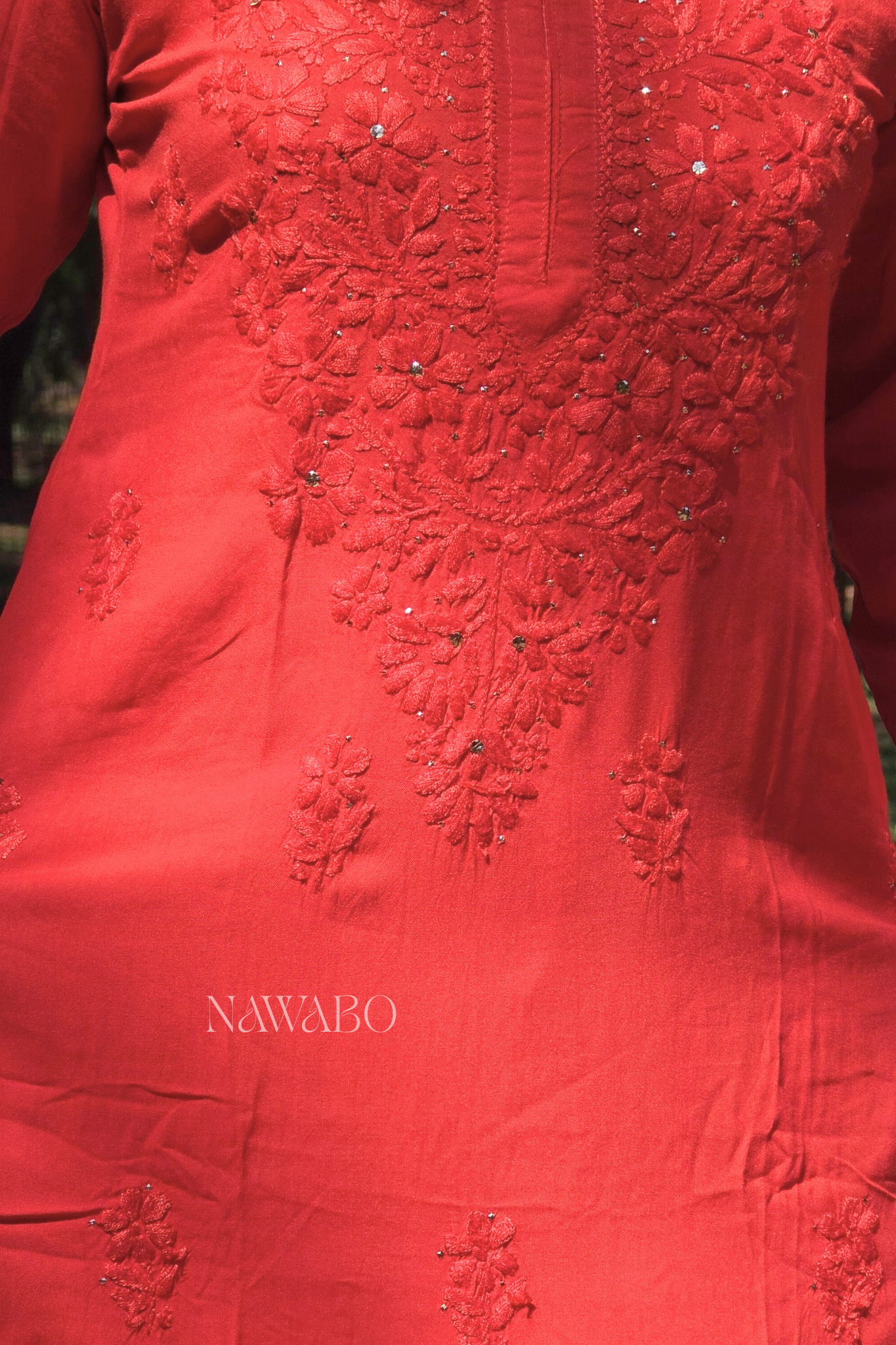 Chikankari Red kurta with Mukaish Work