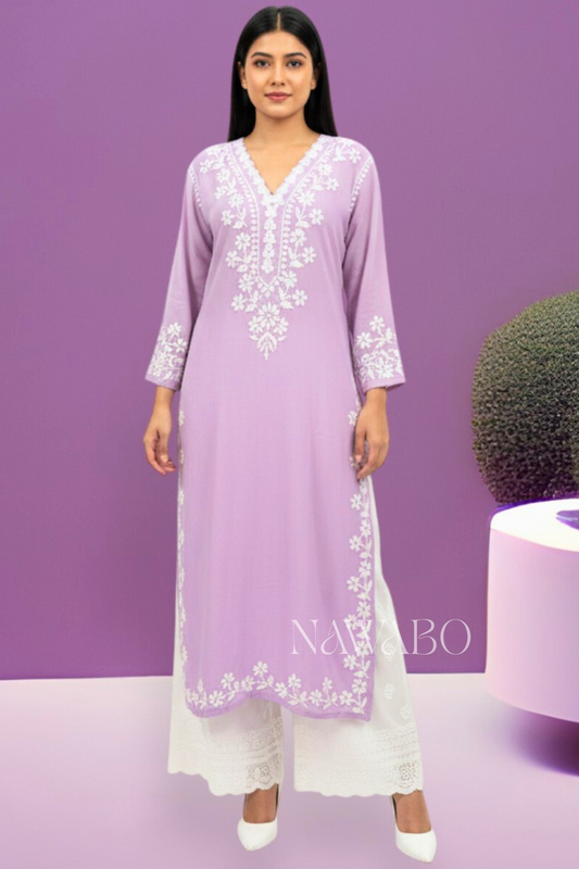 Chikankari Mouve Lace Long Kurta
