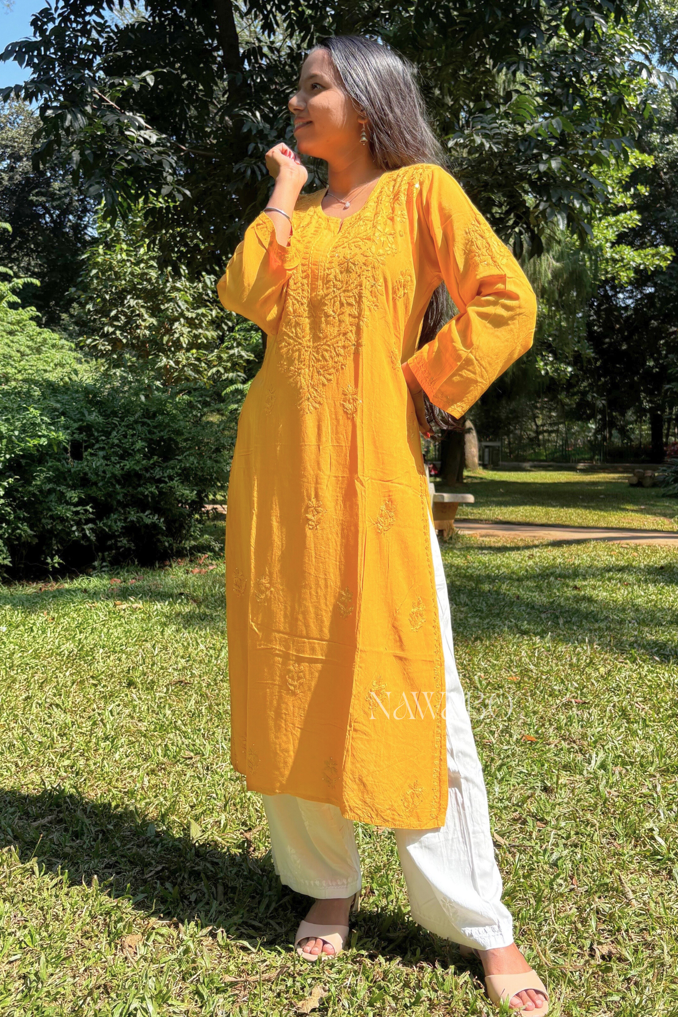 Chikankari Mustard Yellow kurta with Mukaish Work