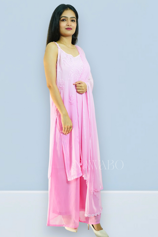 Chikankari Pink Ombre Strap Kurta Set with Dupatta