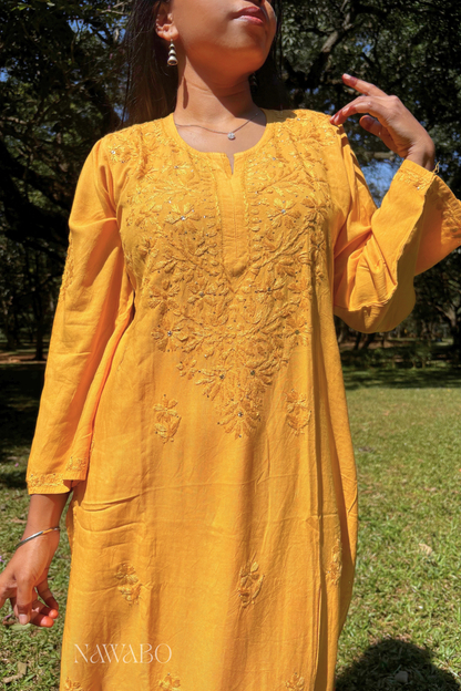 Chikankari Mustard Yellow kurta with Mukaish Work