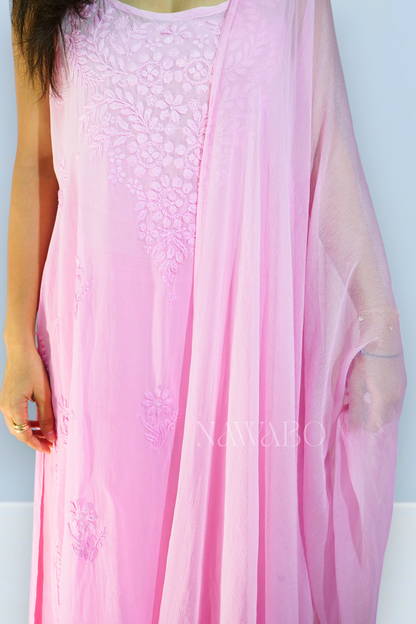 Chikankari Pink Ombre Strap Kurta Set with Dupatta