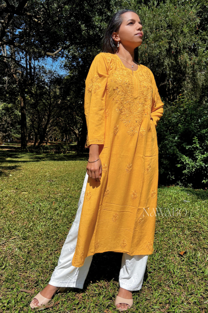 Chikankari Mustard Yellow kurta with Mukaish Work