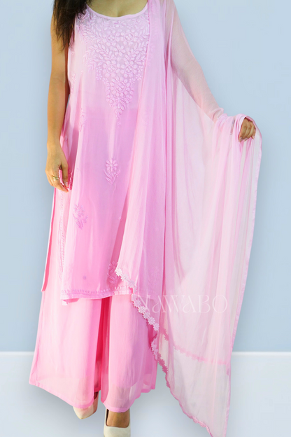 Chikankari Pink Ombre Strap Kurta Set with Dupatta