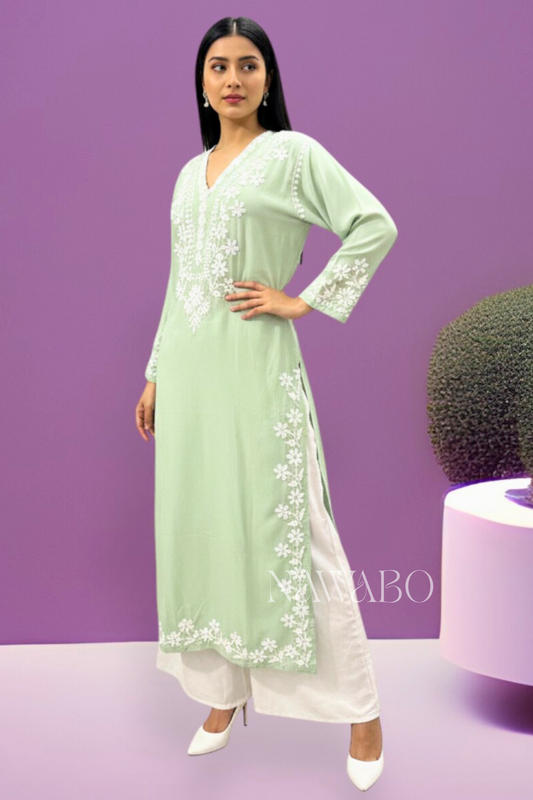 Chikankari Pista Green Lace Long Kurta