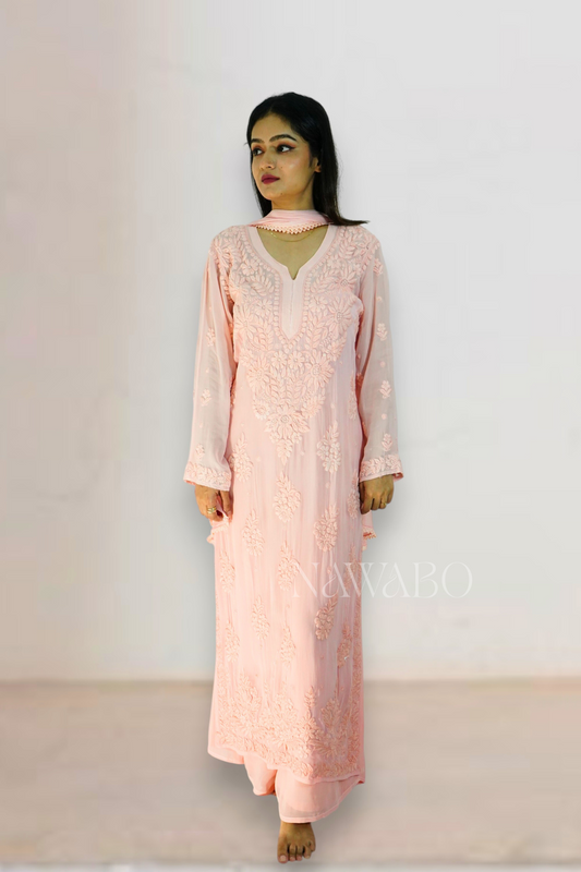 Chikankari Peach Ombre Kurta Set with Dupatta