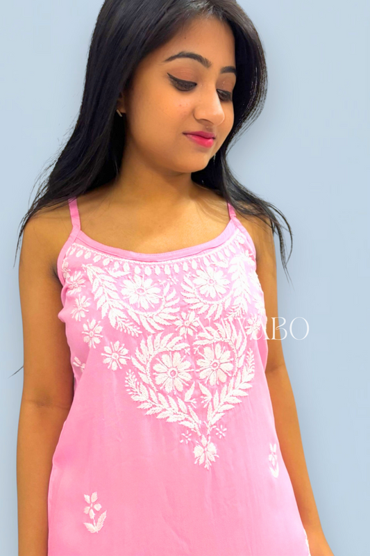 Chikankari Strappy Short Kurta Pink