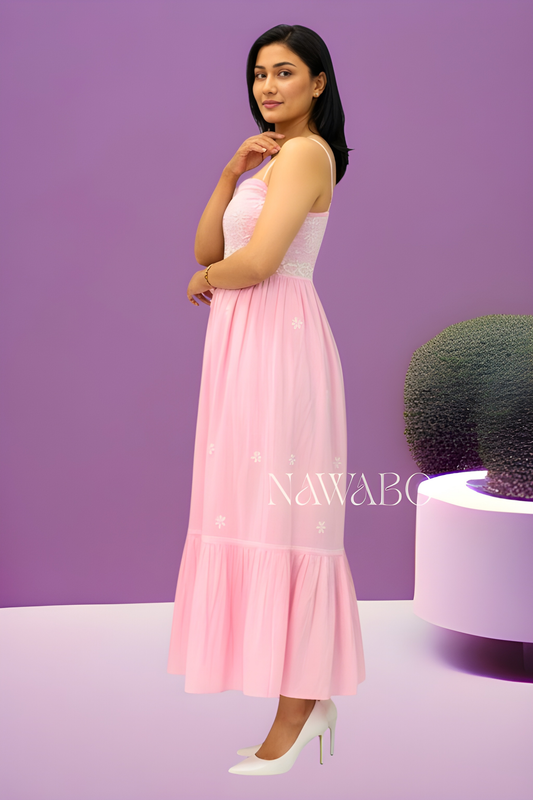 Chikankari Blush Pink Strappy Long Dress
