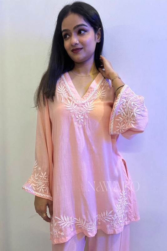 Chikankari Co-ord Set Peach Fuzz