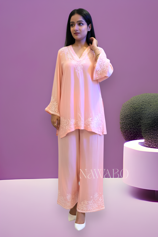 Chikankari Co-ord Set Peach Fuzz