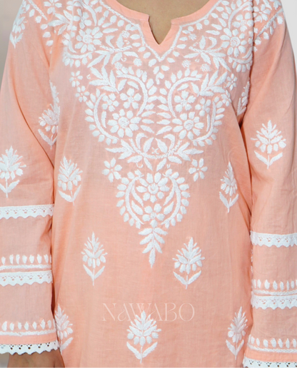 Chikankari Peach Kurta Set Cotton
