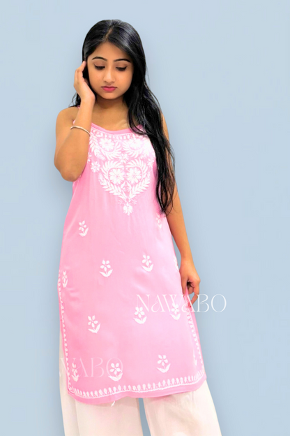 Chikankari Strappy Short Kurta Pink