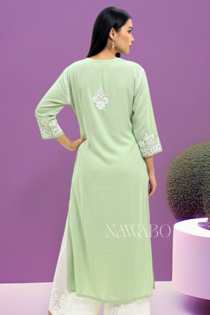 Chikankari Pista Green Lace Long Kurta