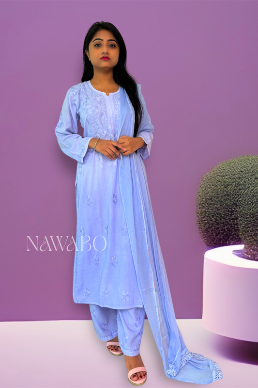 Chikankari Shaded Blue Kurta Set with Dupatta